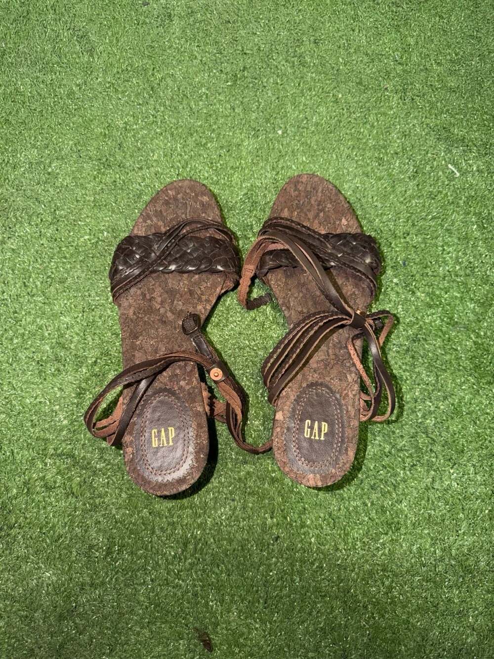 Gap Brown Leather Braided Cork Wedge Sandals Size 9
